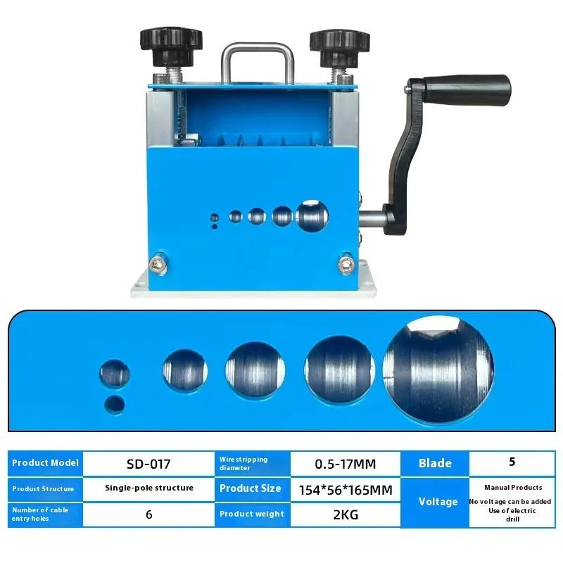 SD-017 manual wire stripping machine on a workbench, compact tool for stripping cables from 0.5mm to 17mm diameter.