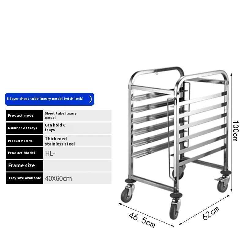 Stainless steel commercial baking tray rack with six layers and lock mechanism for 40x60cm sheets