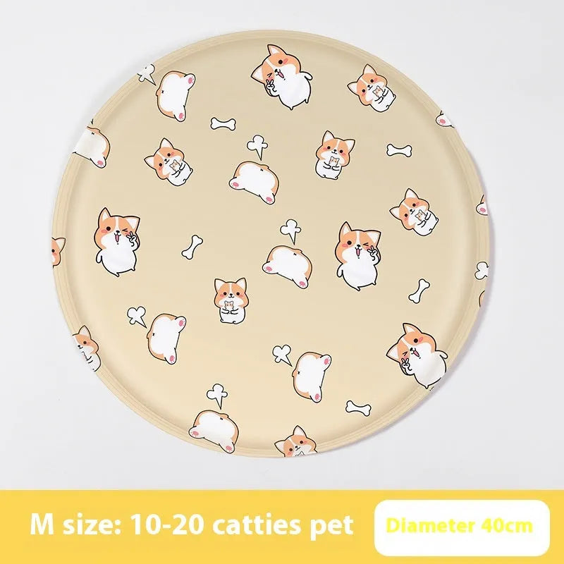 Round dog cooling mat with cartoon animal pattern and gel filling for temperature regulation
