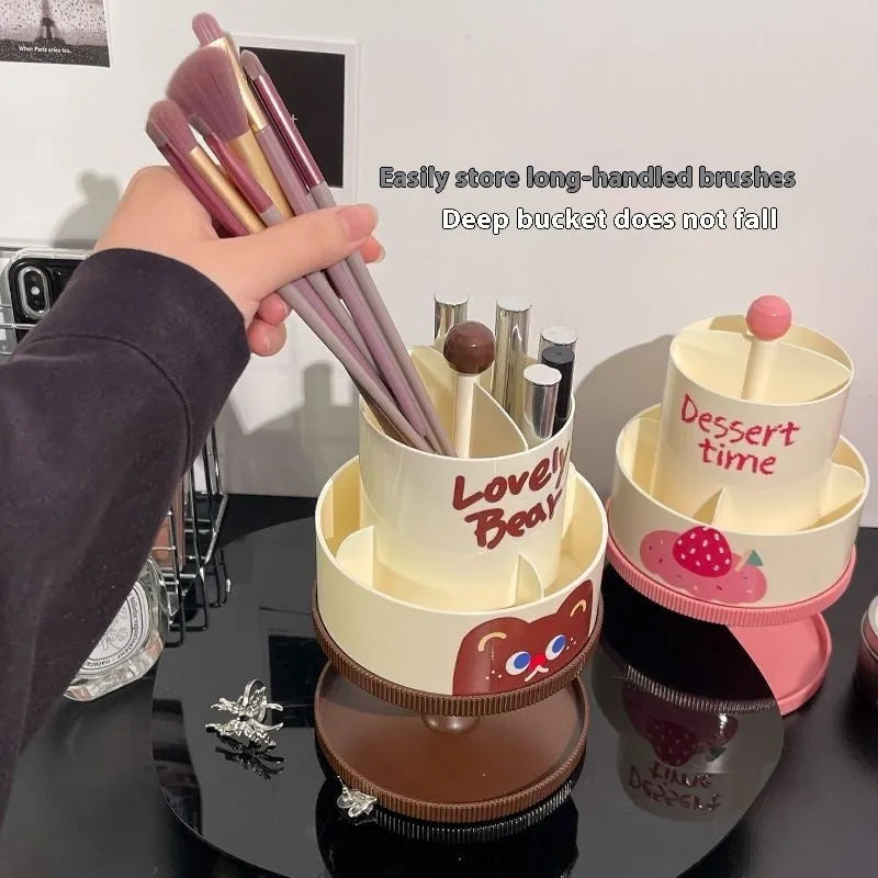 Beige rotating cosmetic brush storage barrel with internal rack, showing 18L capacity.
