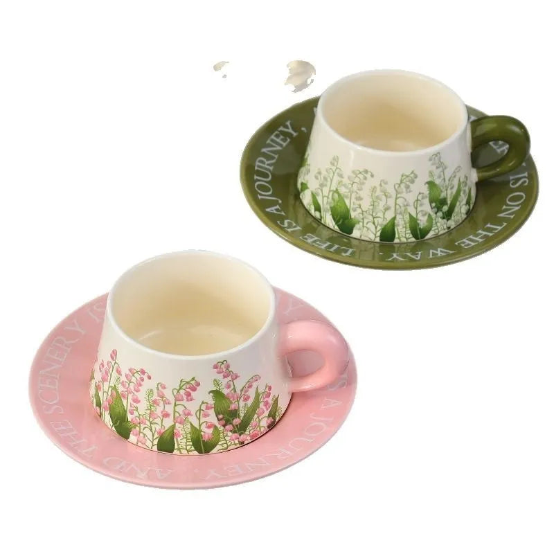 Ceramic coffee cup and saucer set for two in Campanula or Lanling Grass colour designs