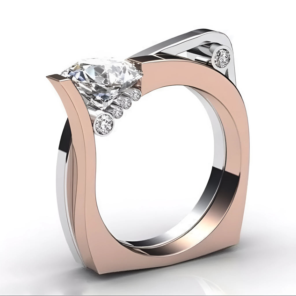 Rose gold couple rings with geometric design and zircon stone inlays on size display