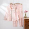 Women's cotton crepe pajama set in pink with long sleeves and trouser-length pants