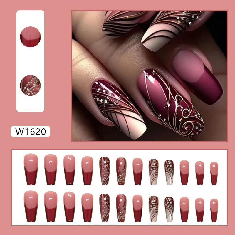 Line pattern fake nails in French line style with removable sticker patch, 24 pieces and glue included