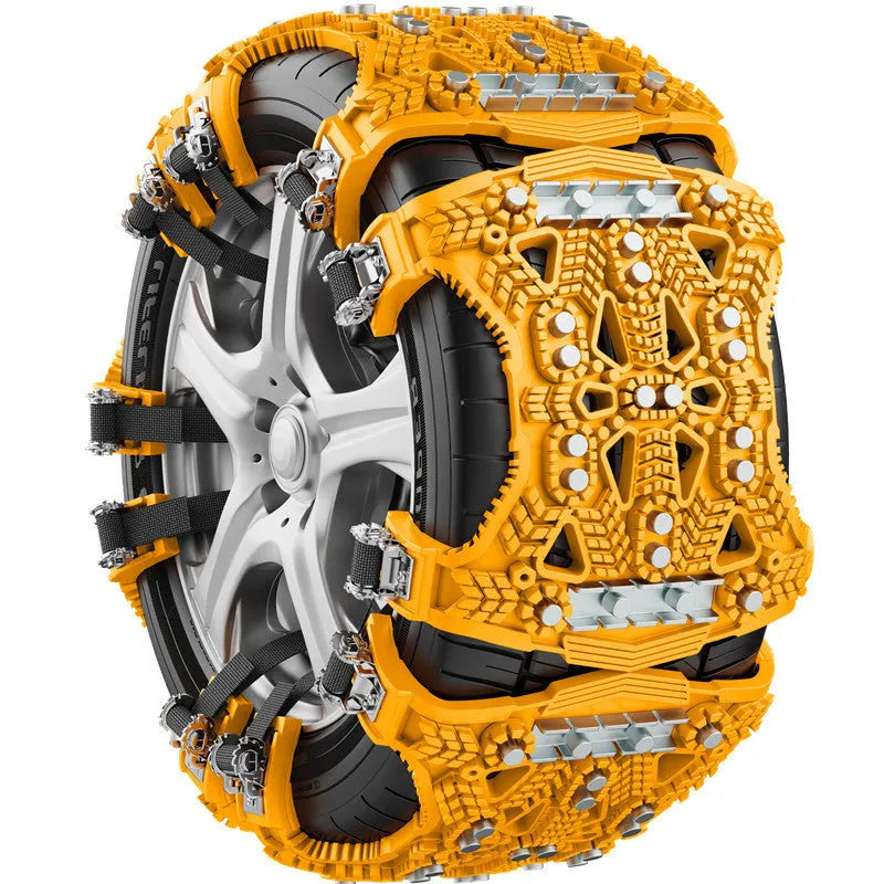 Universal nonskid chain with steel plate gear on a snowy road, black colour, with packaging on a table