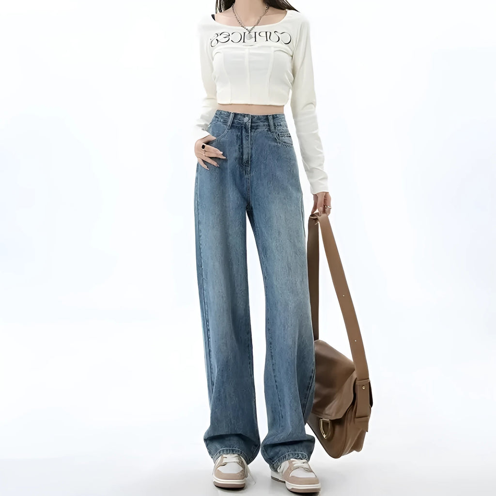 Retro blue high waist wide leg jeans for women with straight cut and stretch denim