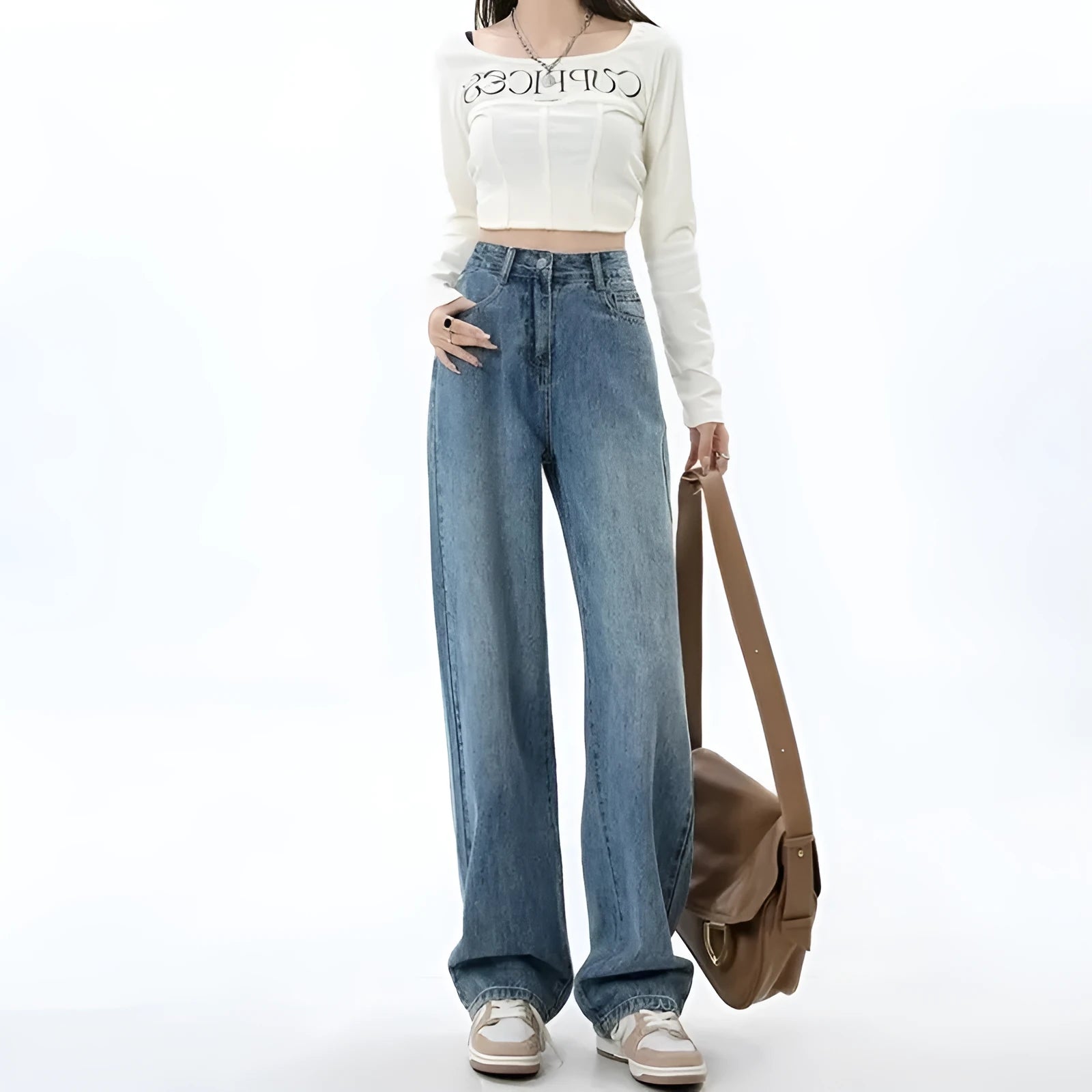 Retro blue high waist wide leg jeans for women with straight cut and stretch denim