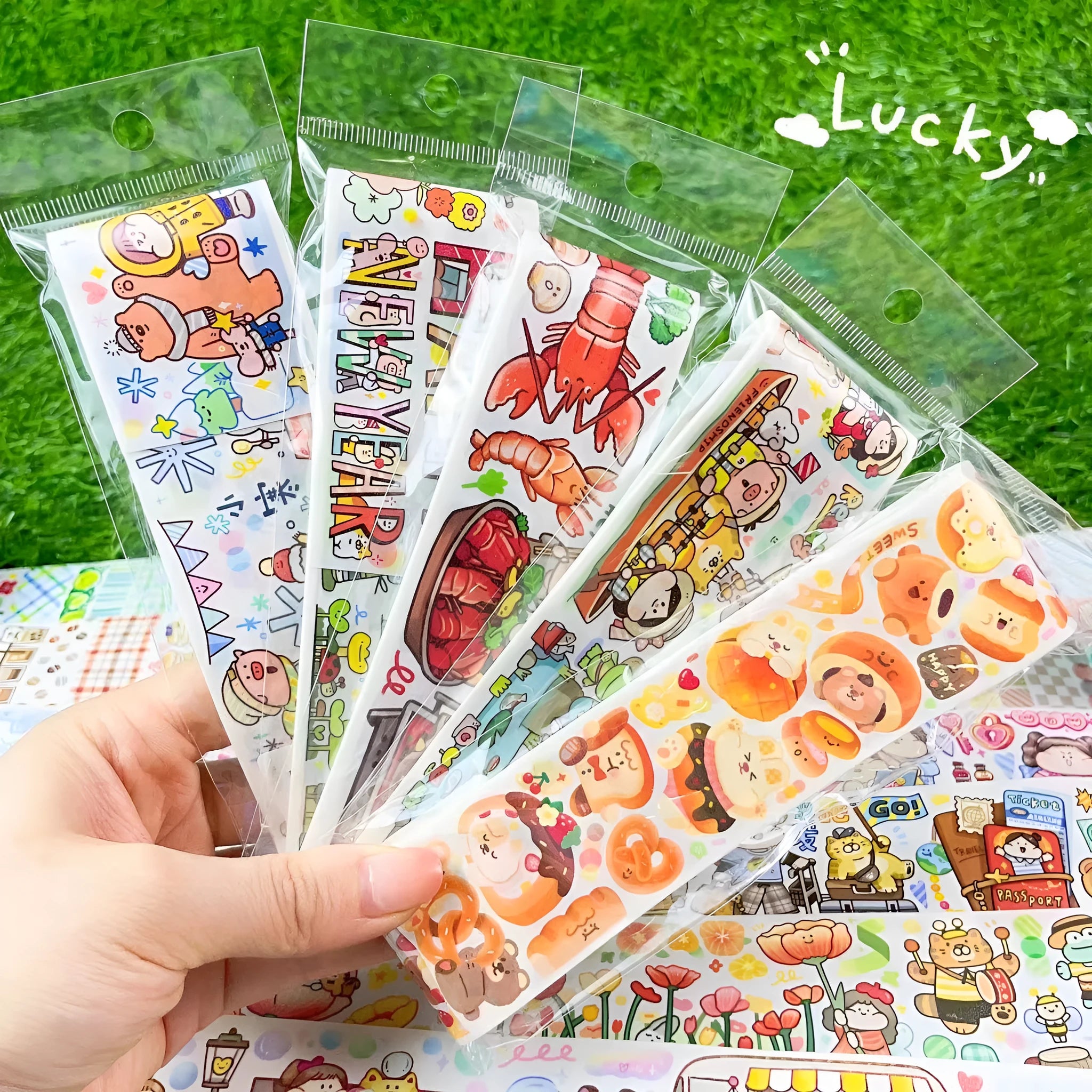 Cute cartoon character decorative sticker for haemorrhoid tape packaging on Japanese paper.