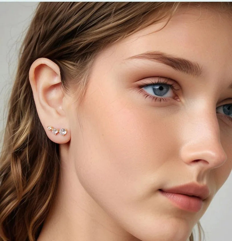 925 silver cold wind three-claw zircon stud earrings round geometry women