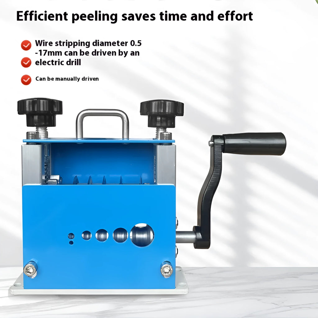 SD-017 manual wire stripping machine on a workbench, compact tool for stripping cables from 0.5mm to 17mm diameter.
