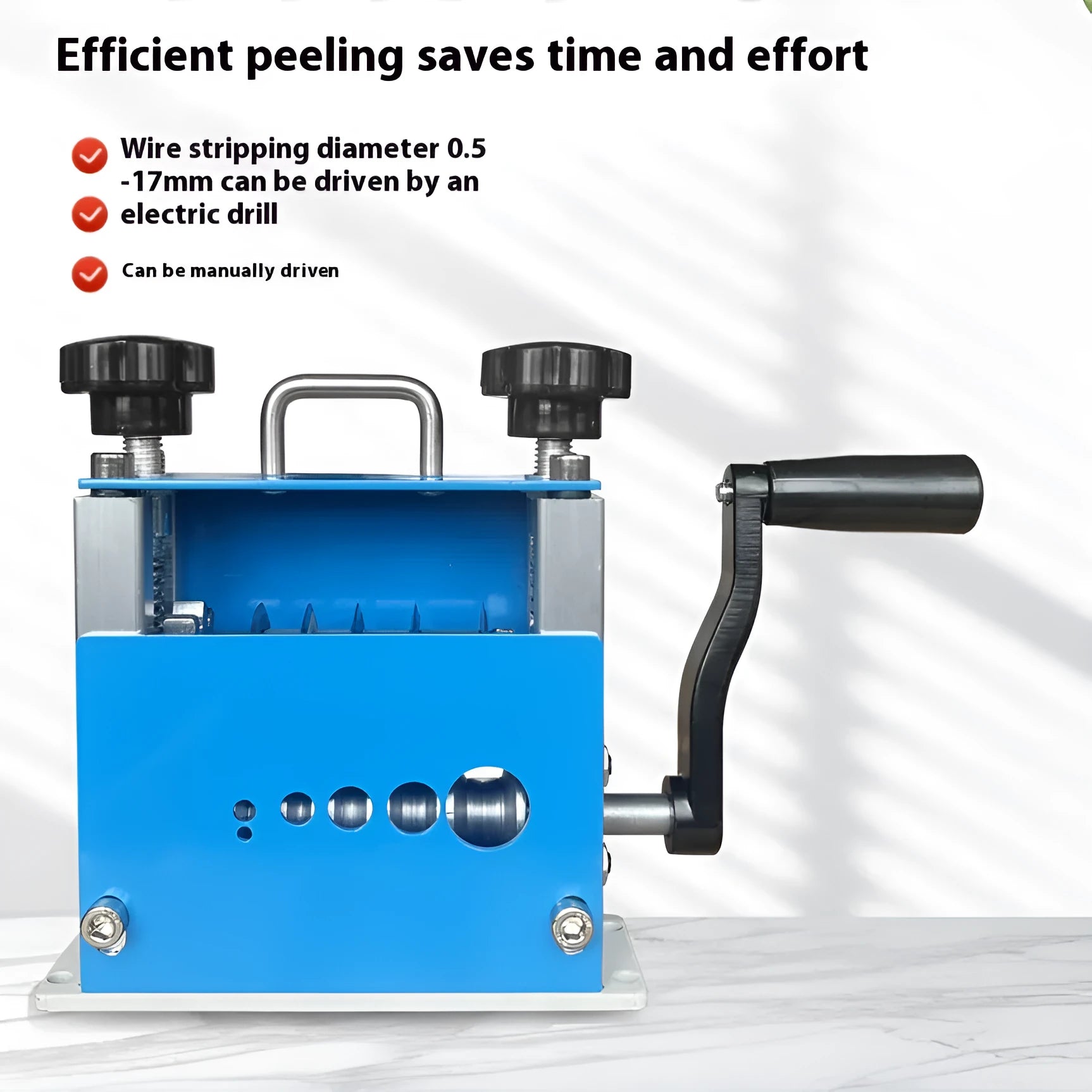 SD-017 manual wire stripping machine on a workbench, compact tool for stripping cables from 0.5mm to 17mm diameter.