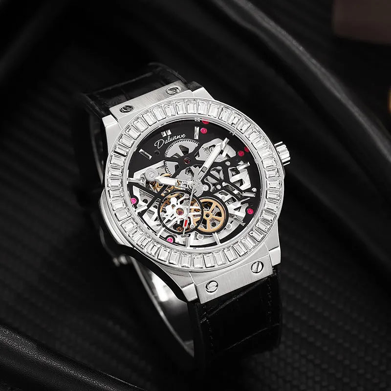 Men's automatic mechanical watch with diamond-studded hollow movement and white shell case