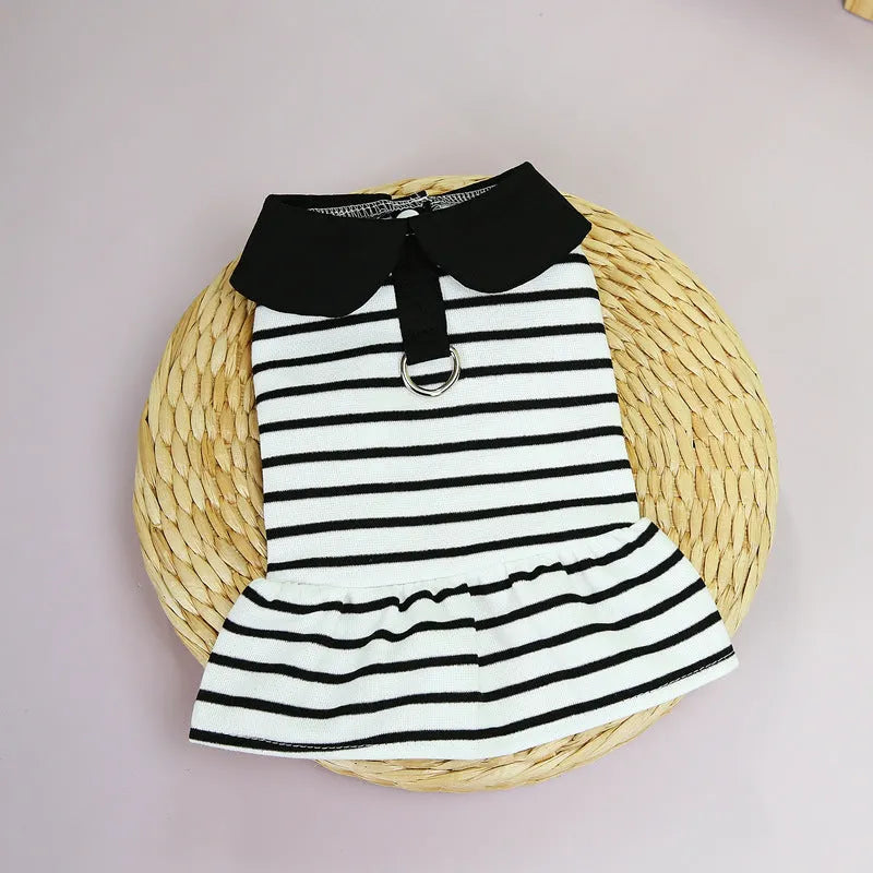 Striped cotton t-shirt and skirt set for a dog or cat on a hanger.
