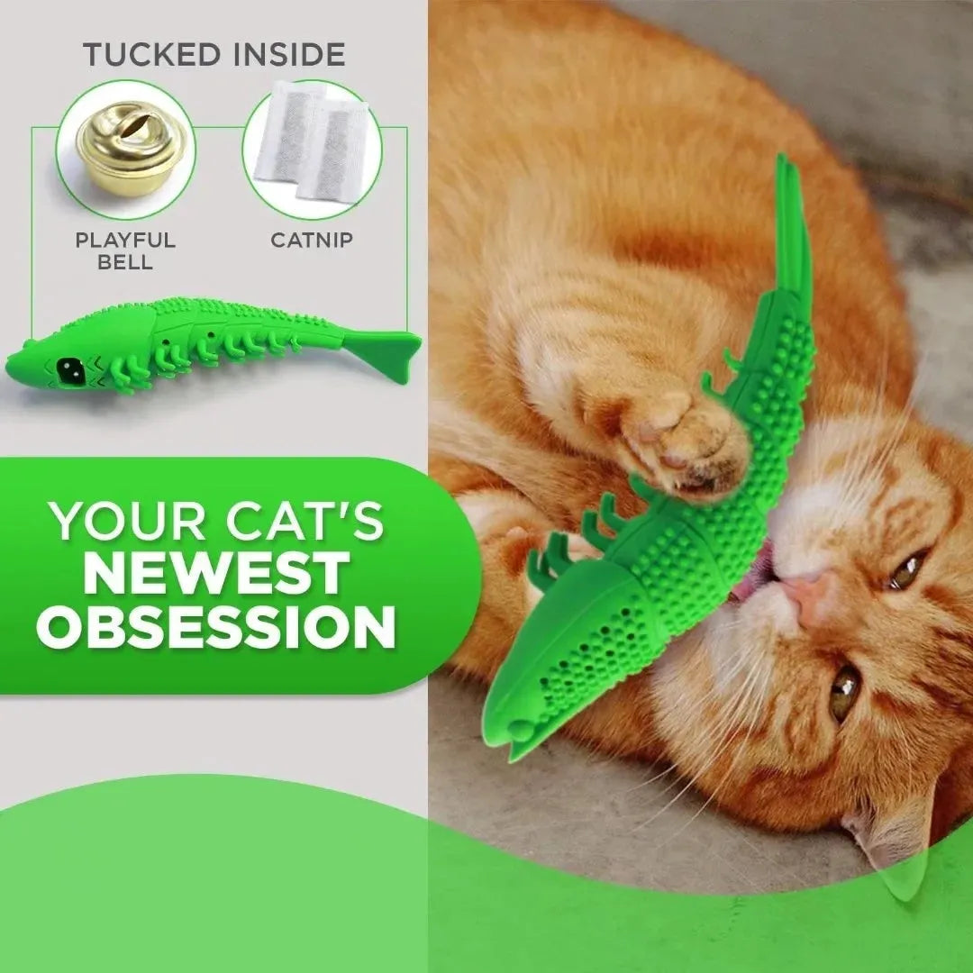 Blue catnip toy with bell for 360 degree teeth cleaning, hard rubber construction
