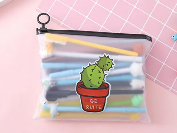 Marvel cartoon themed 0.5mm black pen set with twenty pens in plastic storage case featuring cactus character designs.