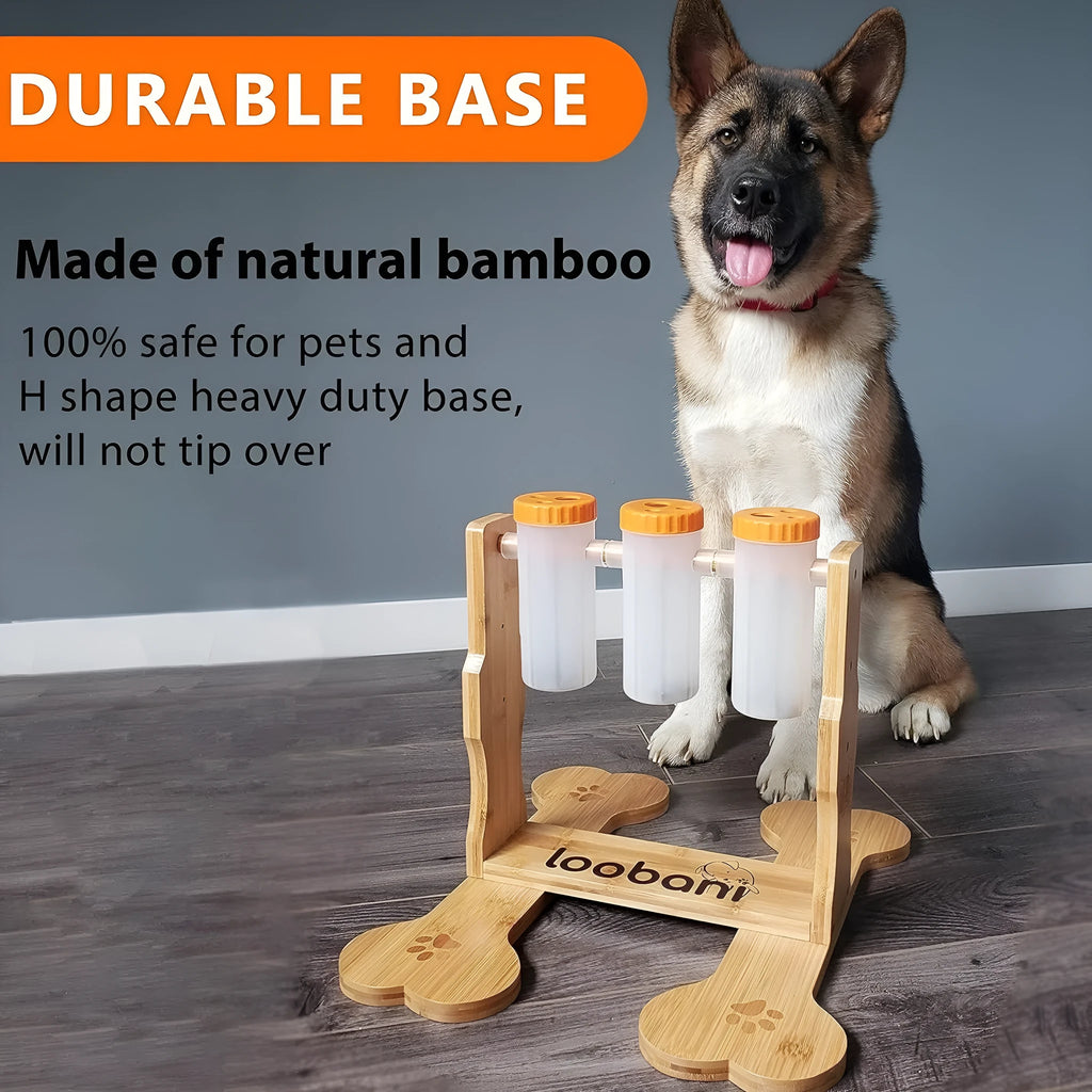 Natural wood colour interactive dog puzzle toy and snack dispenser feeder, 31cm by 30cm by 20cm.