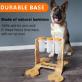 Natural wood colour interactive dog puzzle toy and snack dispenser feeder, 31cm by 30cm by 20cm.