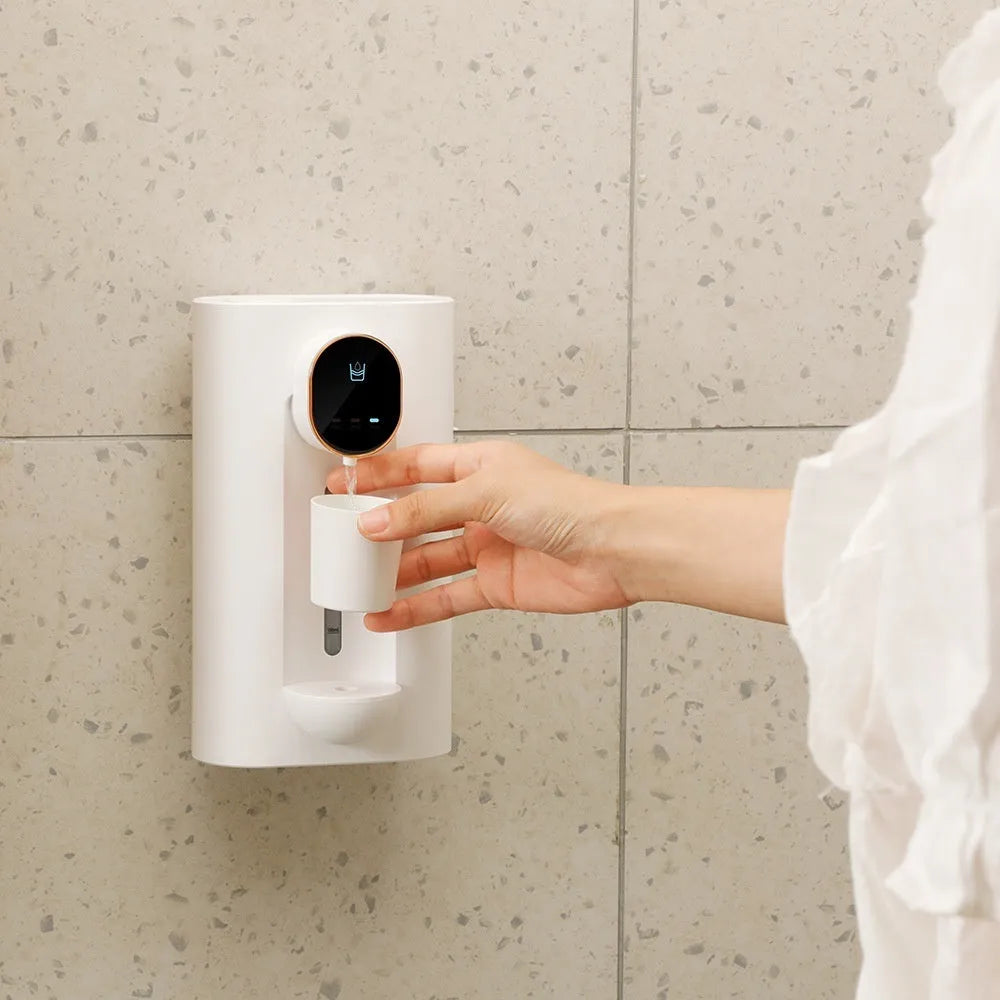 Automatic mouthwash dispenser in milky white with two magnetic cups, wall mounted in bathroom, 540ml visible tank