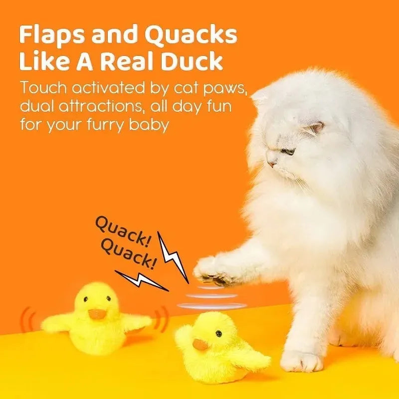Yellow flapping duck cat toy with USB charging cable for interactive play