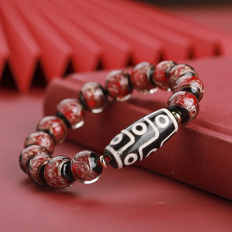Traditional Chinese colourful glass bead bracelet with five-colour pattern and snake charms