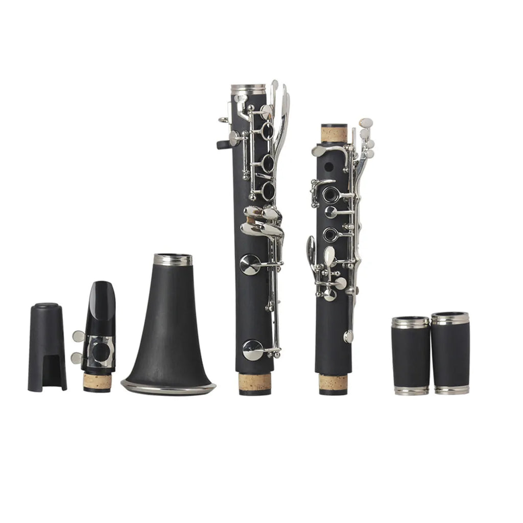 Black beginner clarinet with 17 nickel keys and carrying bag for musical practice