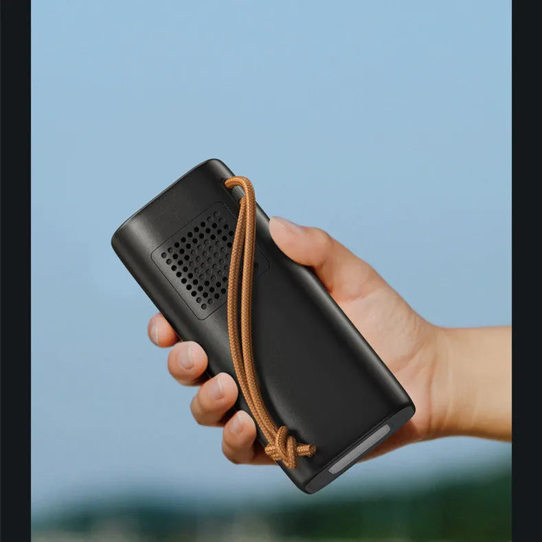 Black portable power bank with solar panel, measuring 70x70x162mm, featuring 200W output and flame retardant shell