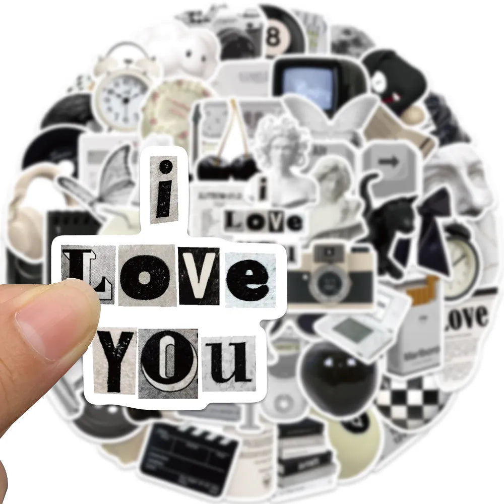 61 black and white PVC waterproof stickers for laptops, phones and multiple surfaces