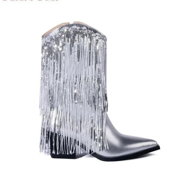 Women's chunky heel tassel boots with super high stiletto heels above 8cm and medium shaft depth
