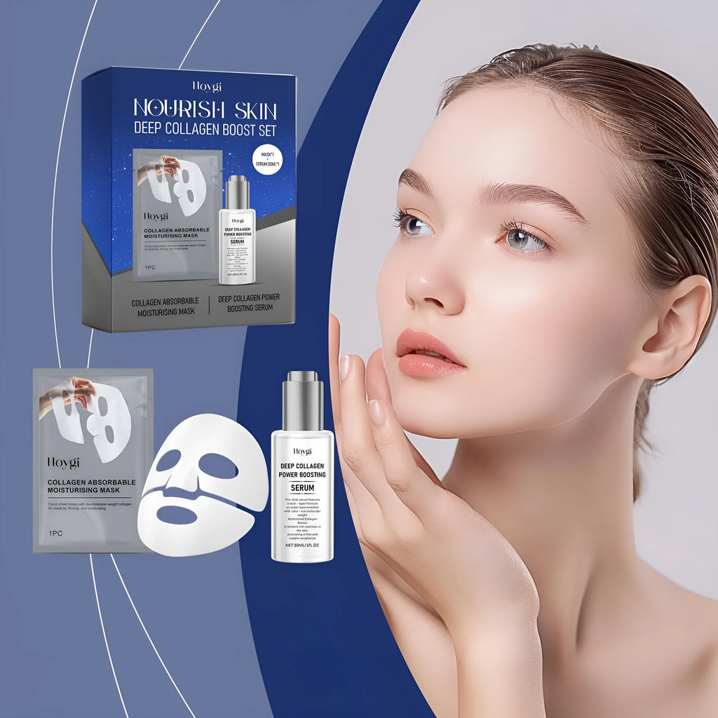 Collagen moisturising facial mask and 30ml essence bottle skincare treatment kit.