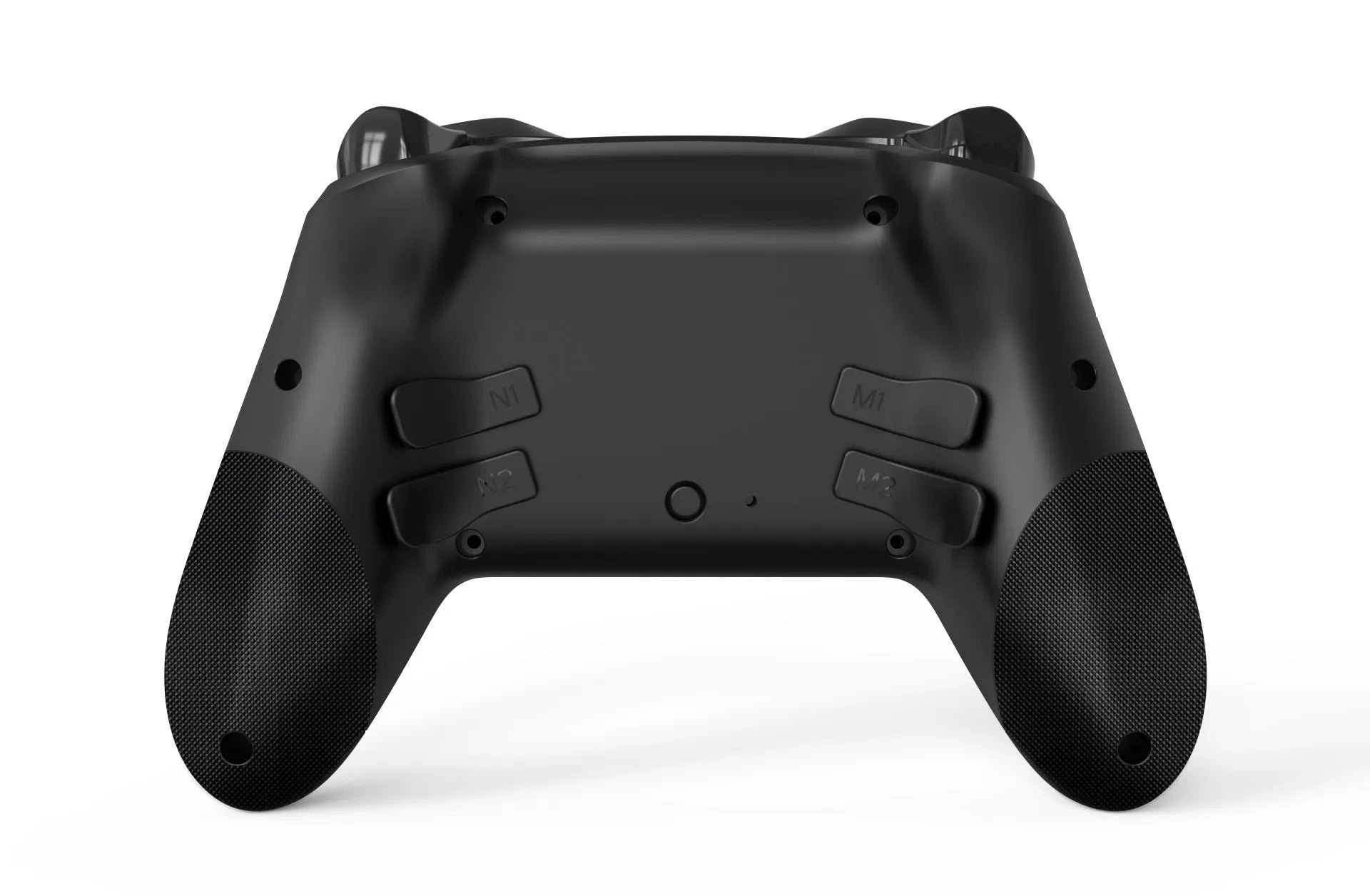 Black wireless game controller with textured grip for Nintendo, smartphone, and PC use