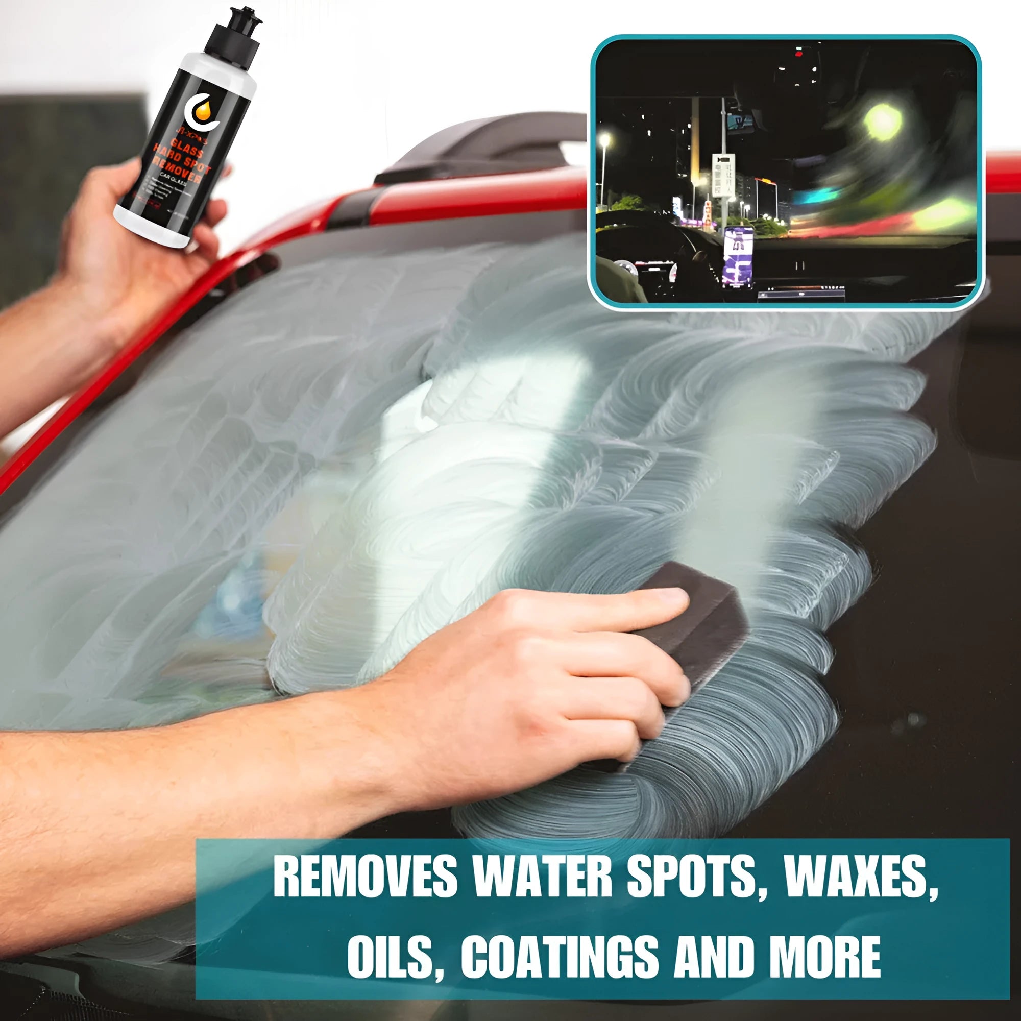 Tube of Glass Oil Film Remover Cleaning Cream for car windows, available in 50ml 100ml 200ml sizes.