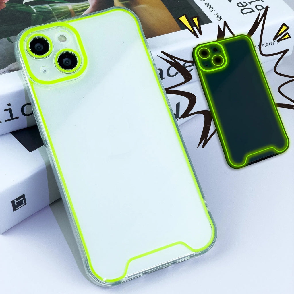 Glow in the dark soft TPU iPhone case shown in green, orange, blue, yellow, and pink colours