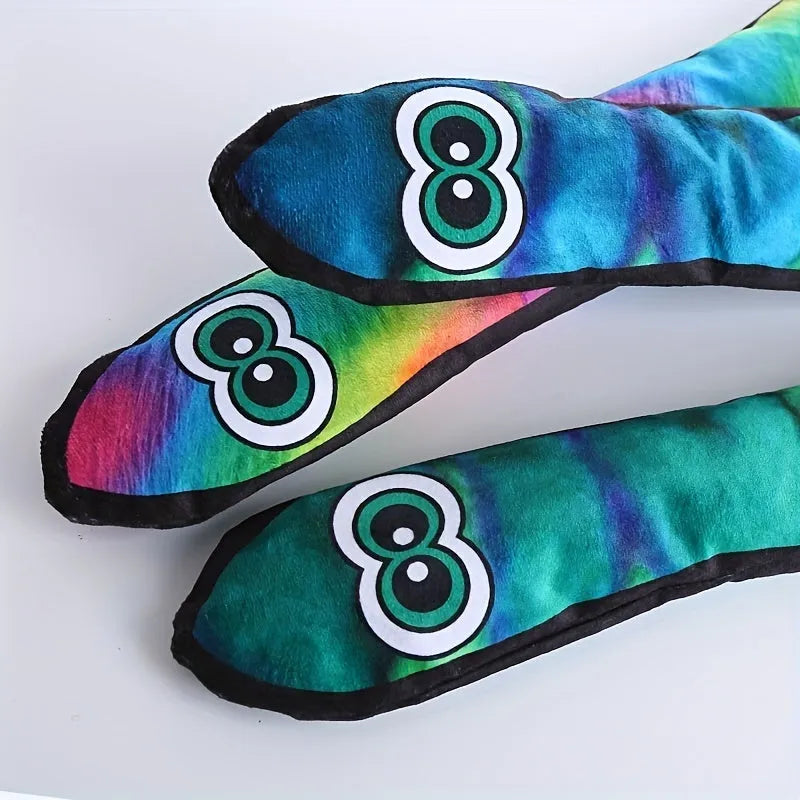 Plush snake dog squeaky toy with stripe print in rainbow colour, unfilled lightweight design