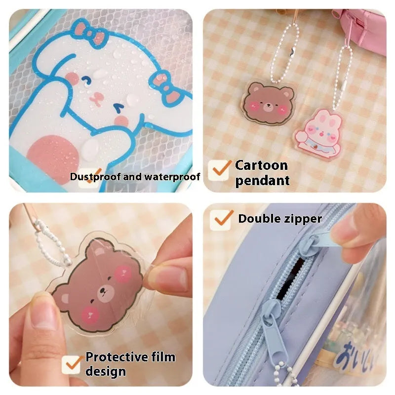 Transparent PVC pencil case with cartoon bear design showing pens inside