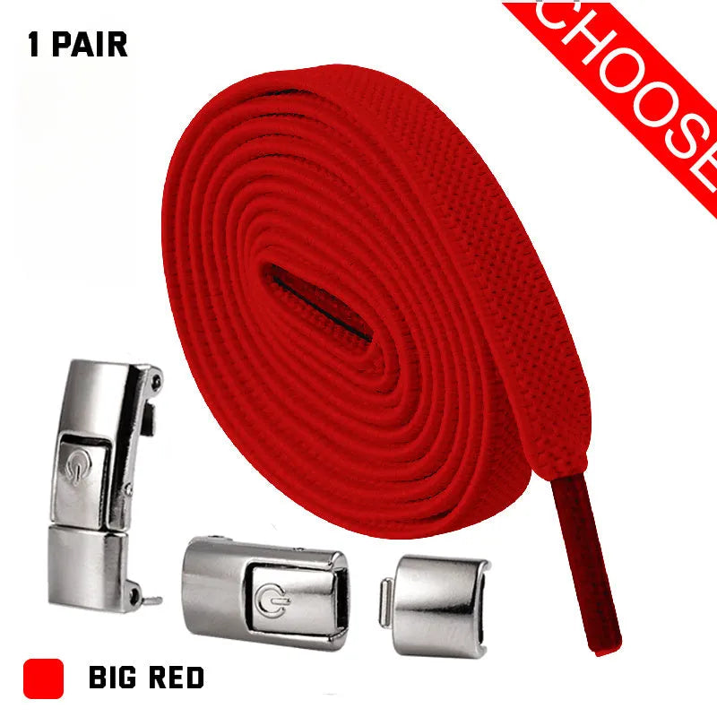 Press lock elastic shoelaces with 8mm widened flat profile in assorted colours.