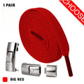 Press lock elastic shoelaces with 8mm widened flat profile in assorted colours.