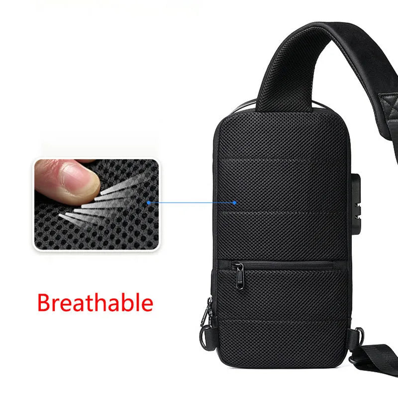 Men's waterproof Oxford crossbody shoulder bag with USB port showing internal compartments and anti-theft features