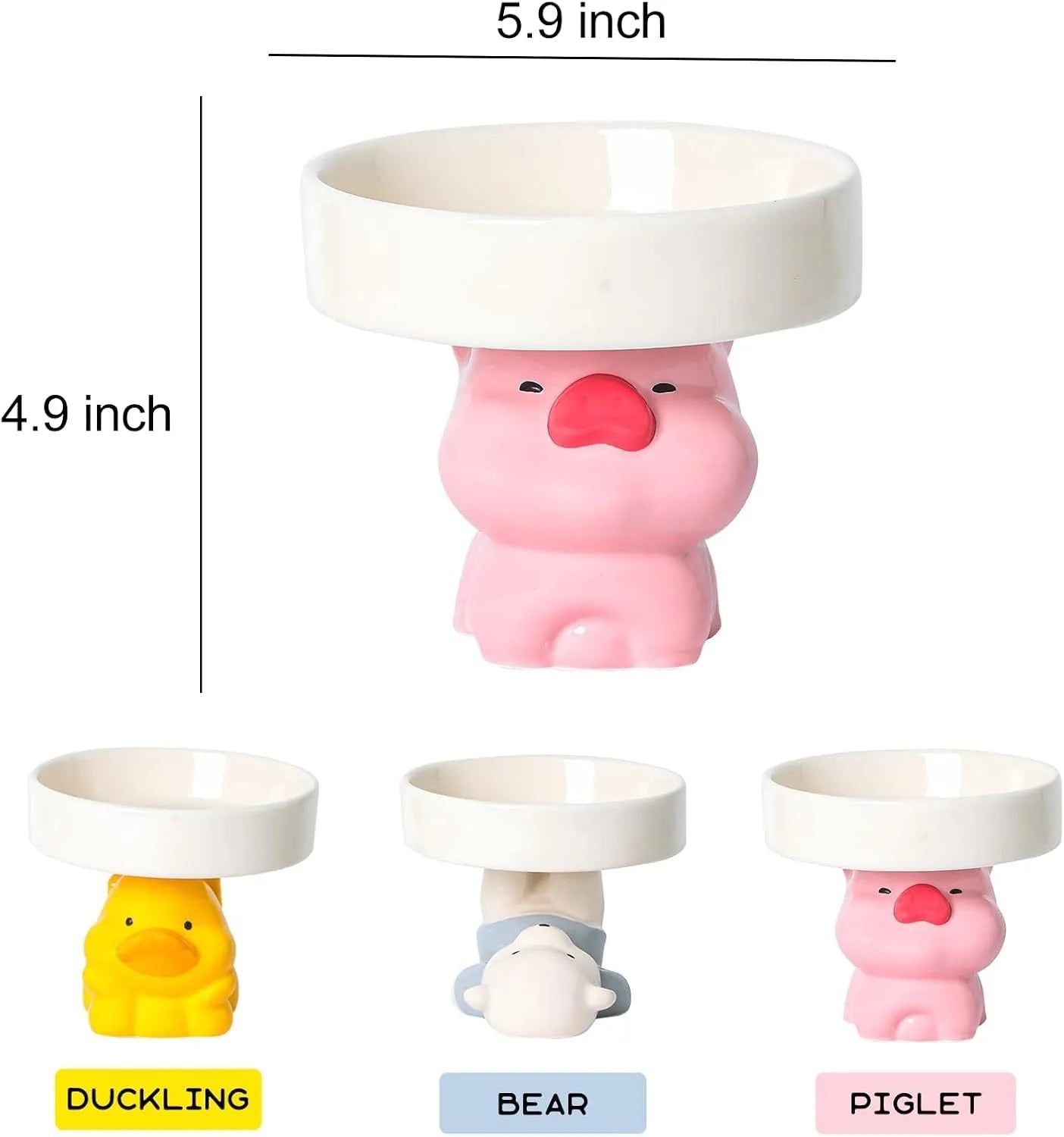 Raised ceramic cat bowl with animal design in pink, yellow, or white, showing wide feeding surface and elevated base.