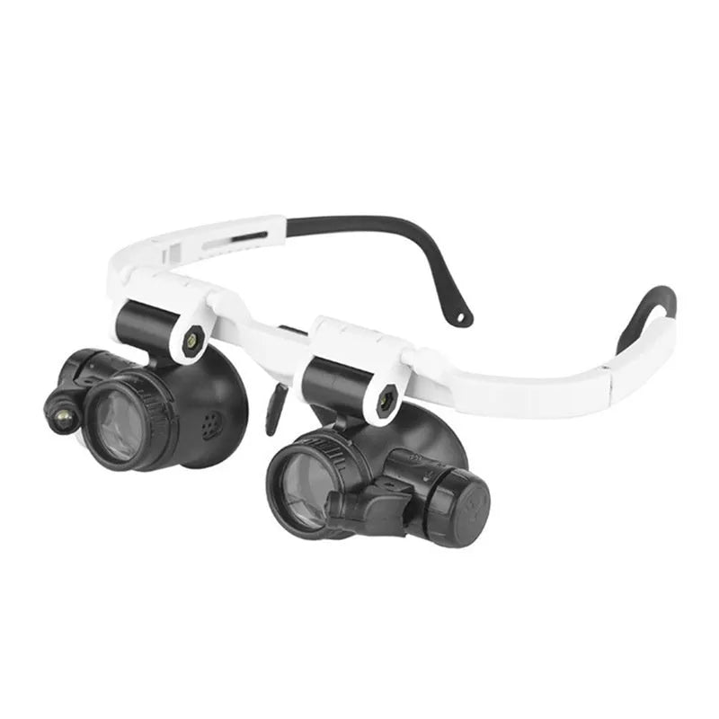 White head mounted magnifying glass with LED light, 30x optical glass lenses, folded to show compact storage size
