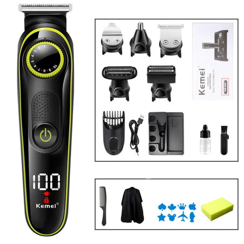 Black household rechargeable electric hair clipper set with automatic grinding head