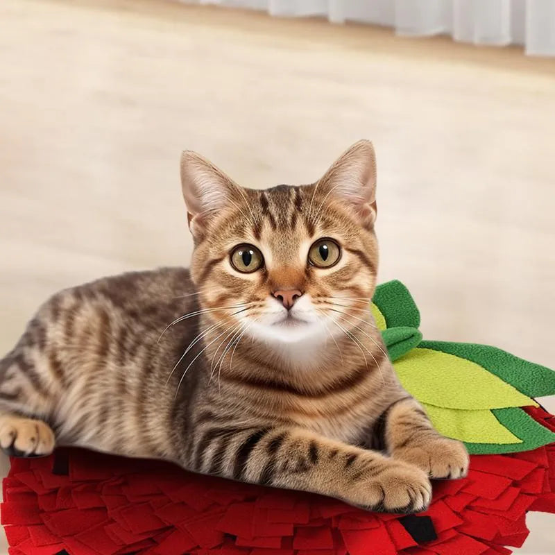 Red and green strawberry-shaped pet sniffing mat for dogs and cats on a wooden floor