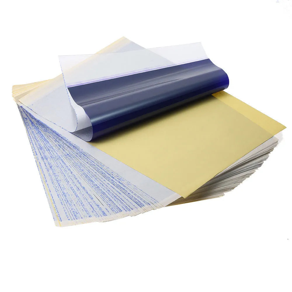 A4 tattoo transfer paper packs for use with transfer paste gel, showing hand-drawn line art.