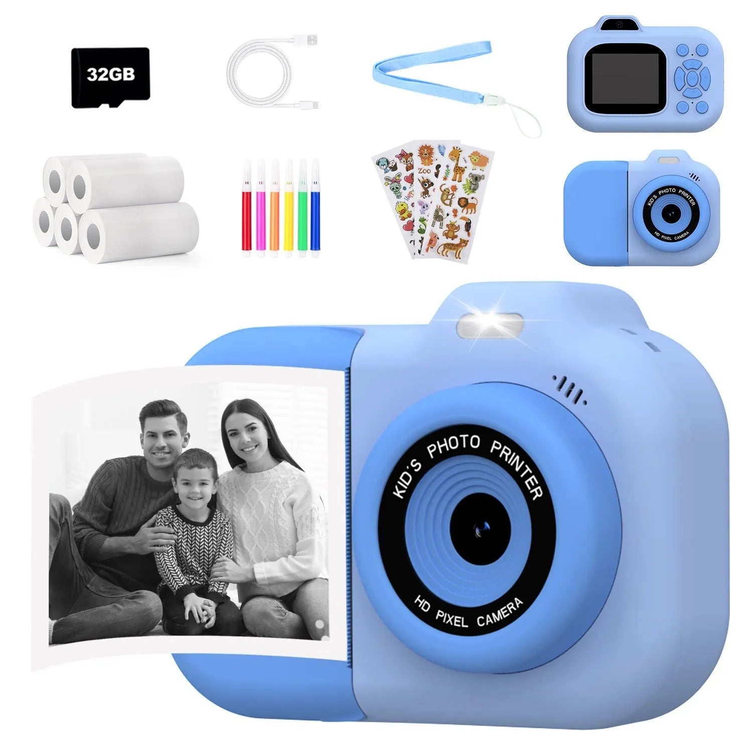 Children's plastic camera toy in blue, pink or purple with video recording and game functions