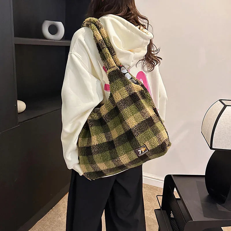 Women's plaid shoulder crossbody tote bag in Army Green colour showing soft plush material and underarm strap design