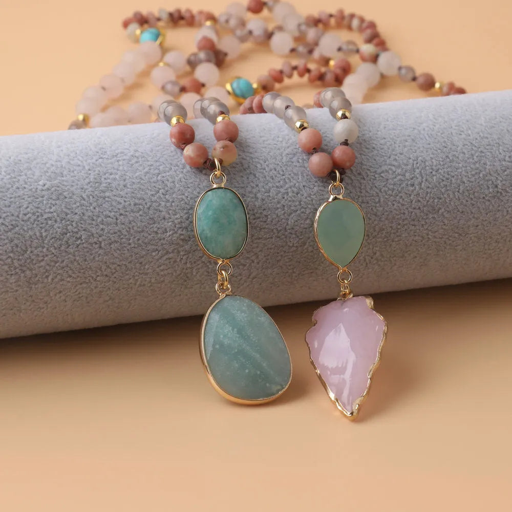 Unisex natural stone beaded necklace with round beads in pink and green colour options on white background
