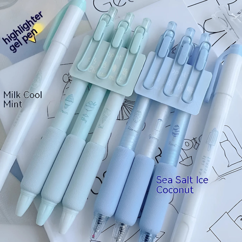 Four double headed fluorescent calligraphy pens with 0.5mm tips for student handwriting practice
