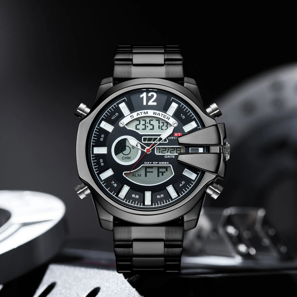 Men's double display LED alarm watch with stainless steel strap and 55mm round alloy case
