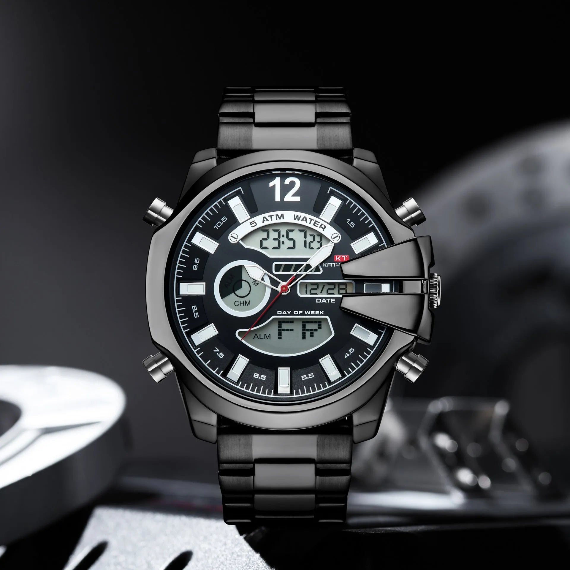 Men's double display LED alarm watch with stainless steel strap and 55mm round alloy case