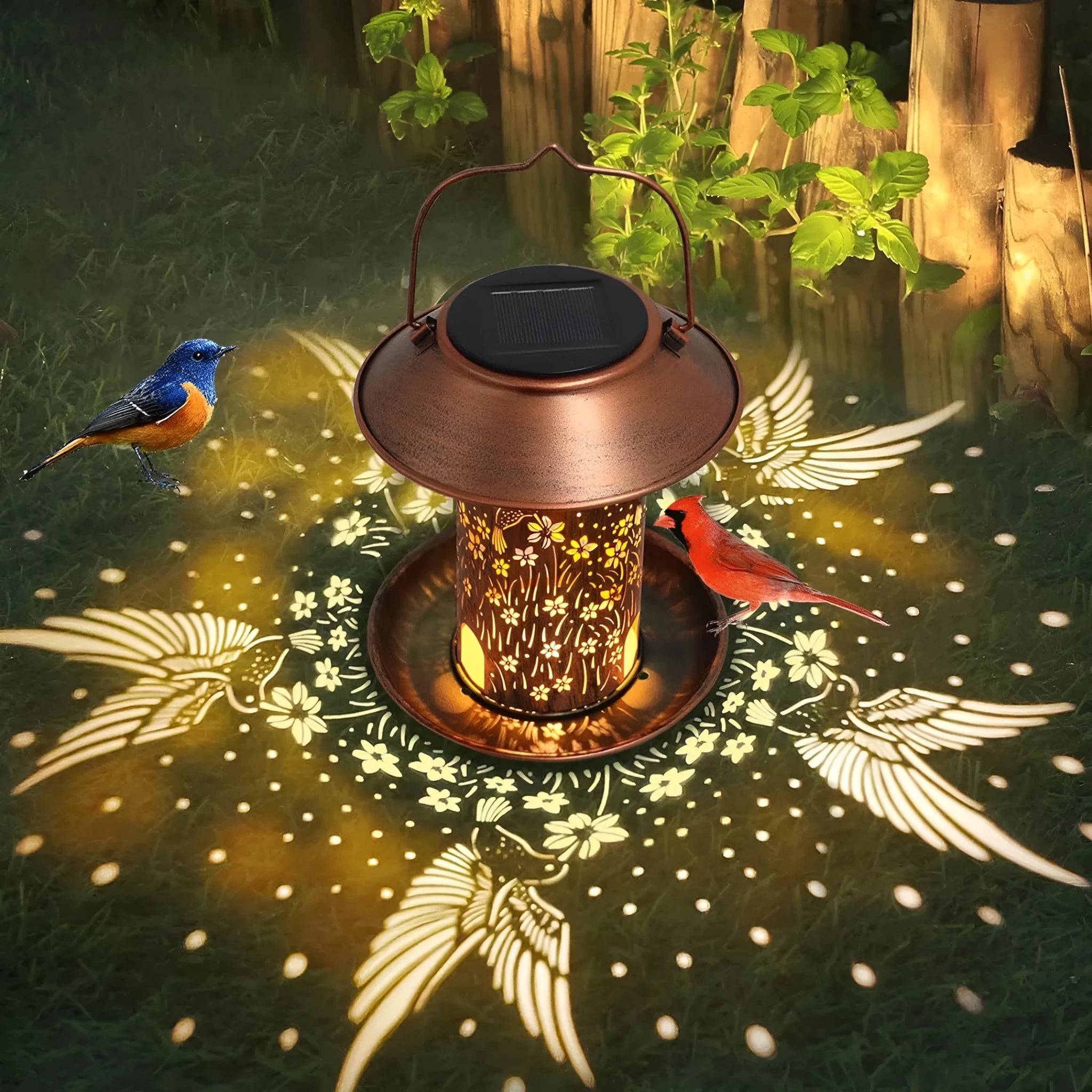 Cast iron solar bird feeder with hummingbird pattern and integrated LED lighting for outdoor garden use