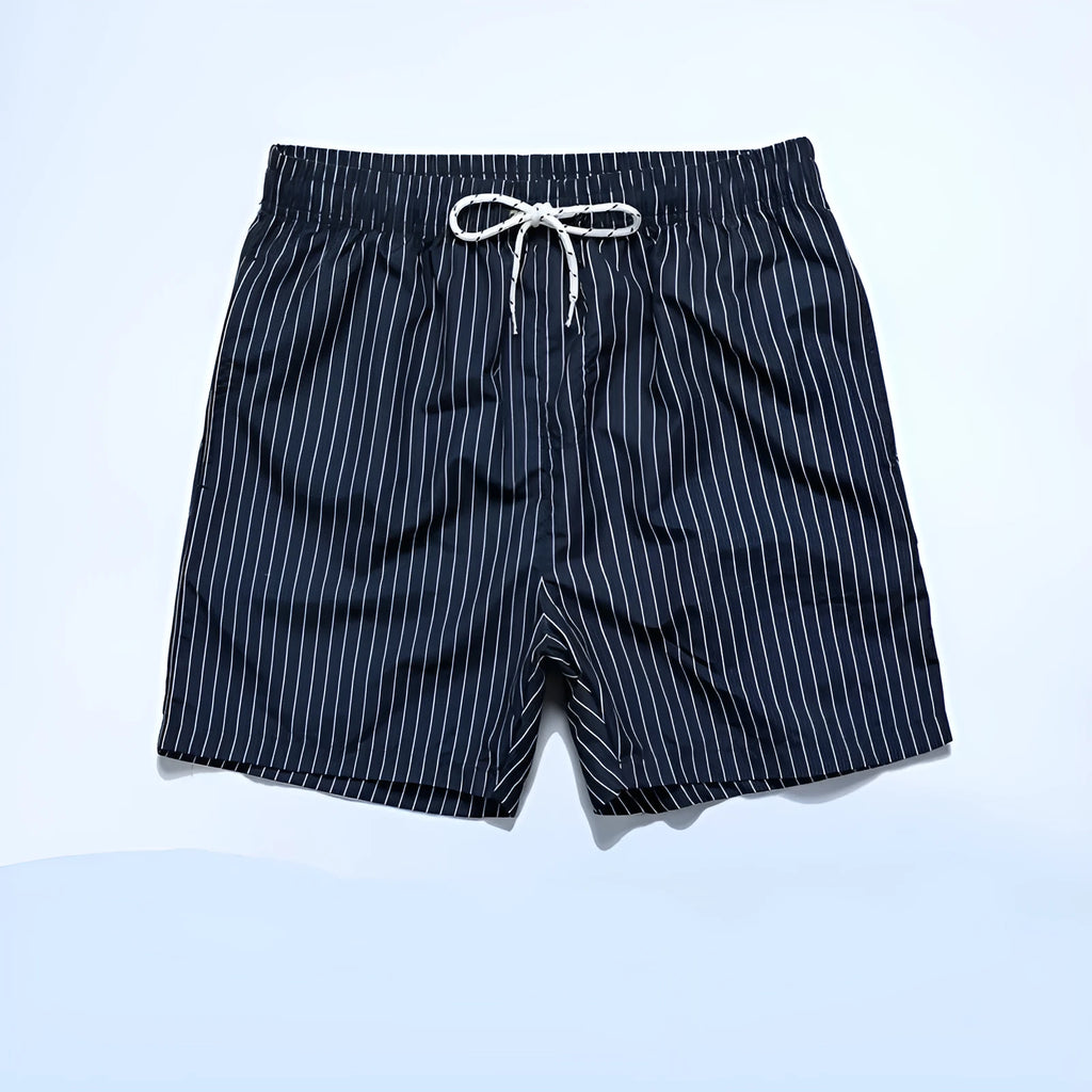 Polyester fibre beach shorts with straight leg and striped patterns in navy blue, grey, khaki or light blue